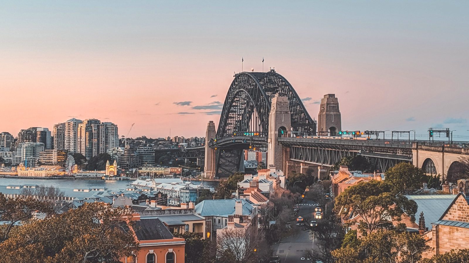 Sydney Harbour Bridge and the harbour at sunset